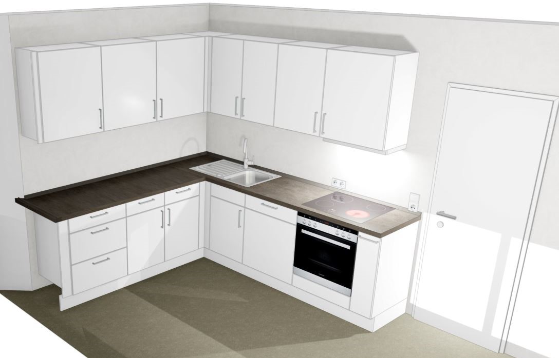 12 Küche mit Herd, Backofen, Dunstabzugshaube, Spülmaschine, Oberfläche Farbe Weiß, Arbeitsplatte Farbe Lava